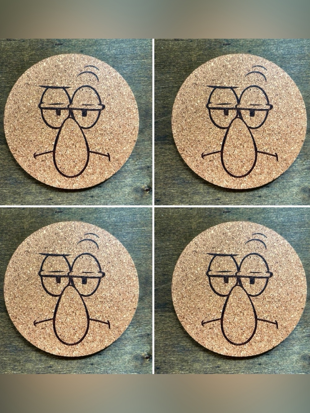 SpongeBob SquarePants Squidward Face Laser Engraved Cork Coasters Lot of 4